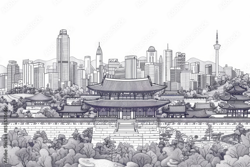 Line art vector illustration of Seoul skyline Line art vector illustration of Seoul skyline