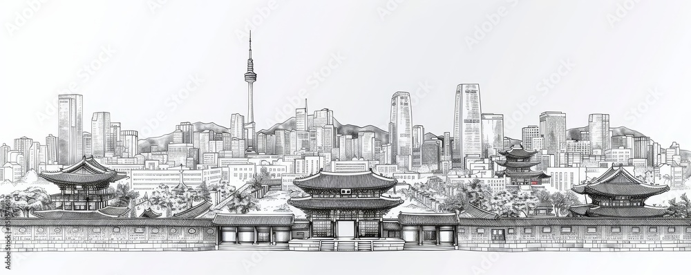 Fototapeta premium Line art vector of Seoul skyline showcasing traditional