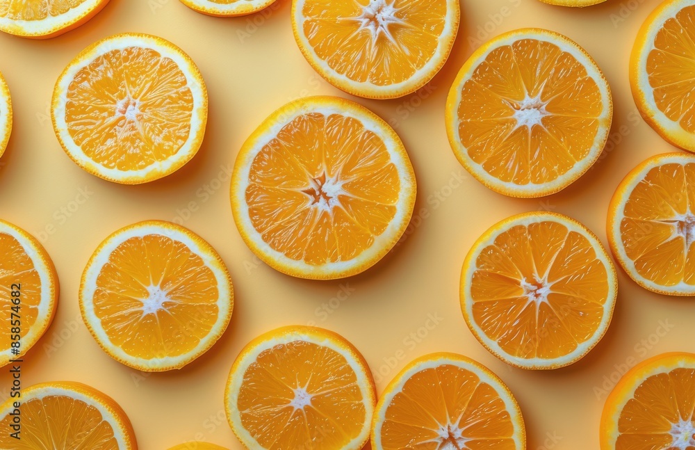 Freshly Sliced Oranges Arranged on Yellow Background Freshly Sliced Oranges Arranged on Yellow Background