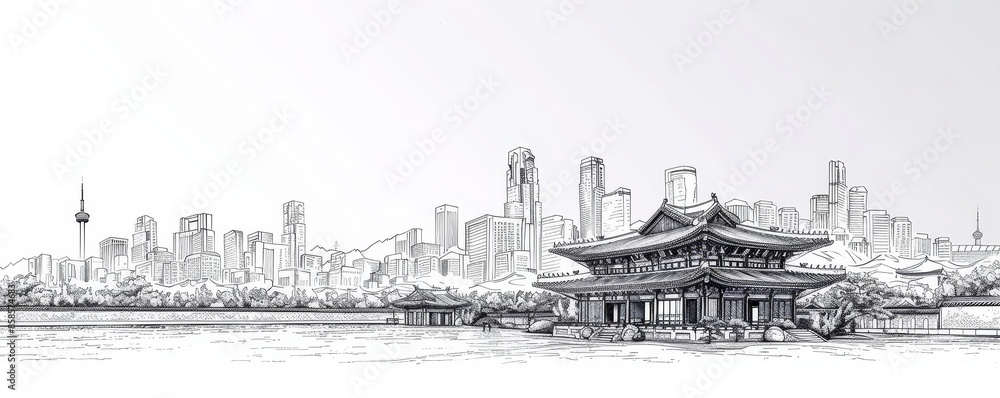 Line art vector of Seoul skyline showcasing traditional Line art vector of Seoul skyline showcasing traditional