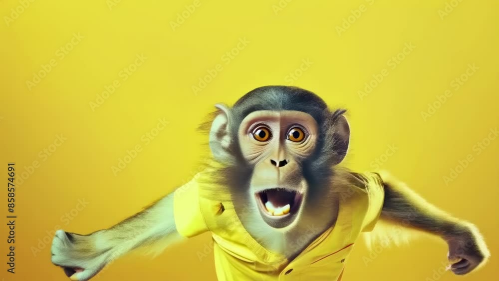 A young monkey in a yellow shirt stands on two limbs against a vibrant yellow background. The monkey appears to be expressive, possibly mid-motion, with a surprised or excited look. A young monkey in a yellow shirt stands on two limbs against a vibrant yellow background. The monkey appears to be expressive, possibly mid-motion, with a surprised or excited look.