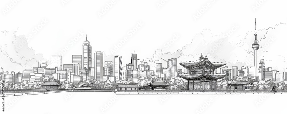 Fototapeta premium Line art vector of Seoul skyline showcasing traditional