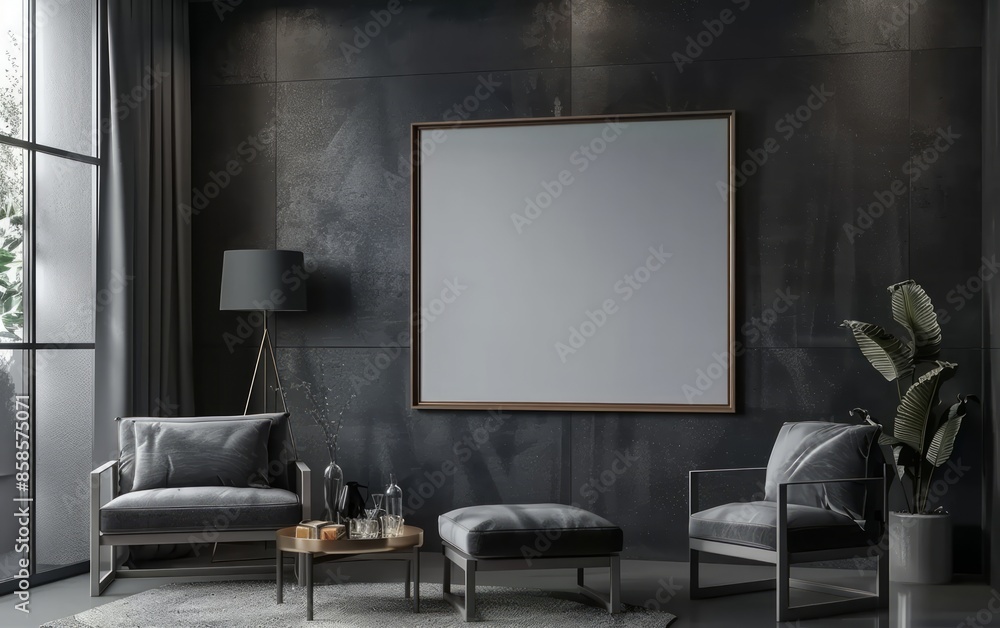 Poster frame mockup in modern dark home interior. Poster frame mockup in modern dark home interior.