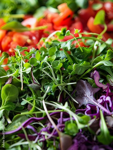 A vibrant close-up of a salad featuring a variety of green, red, and purple microgreens. Generative AI