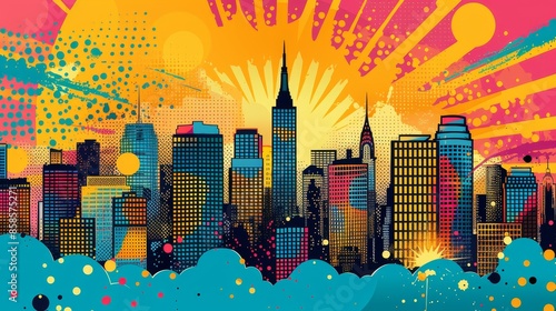 Pop art retro vector of a city skyline with funky designs,