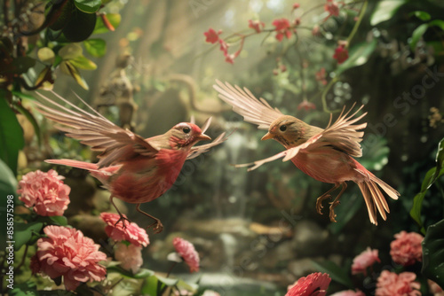 Couple of pink robin birds flying in garden photo