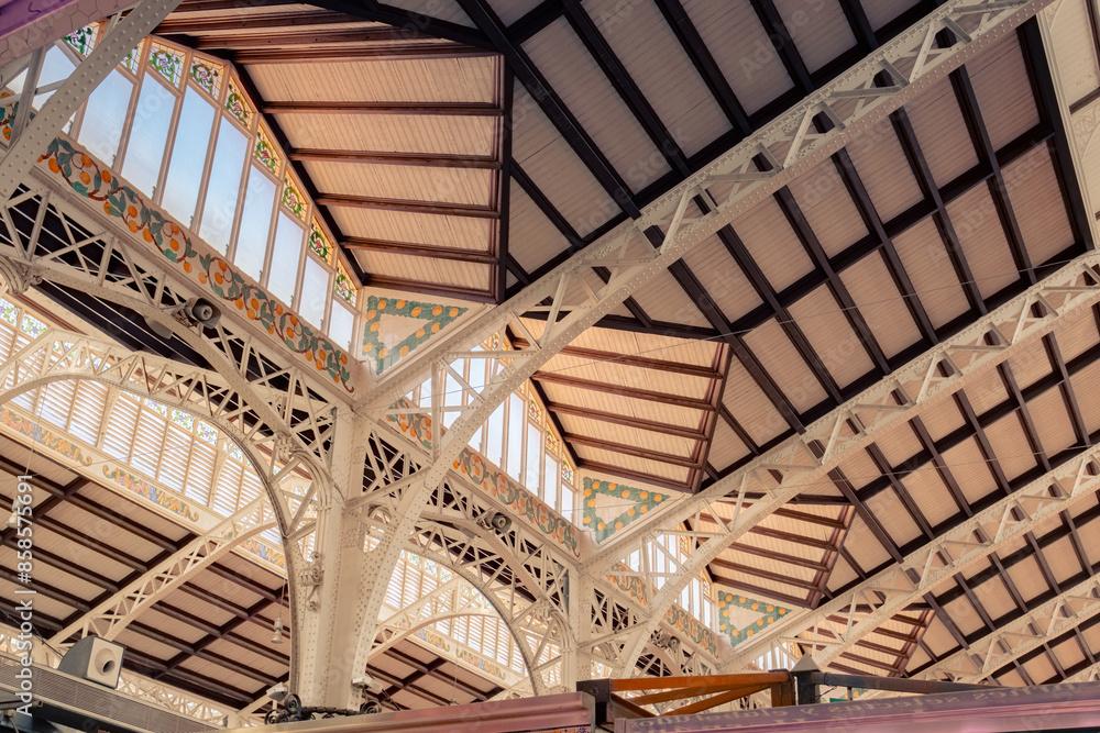 Fototapeta premium Valencia Central Market. Lots of people at the market. Vendors sell various food products. Food market in Spain