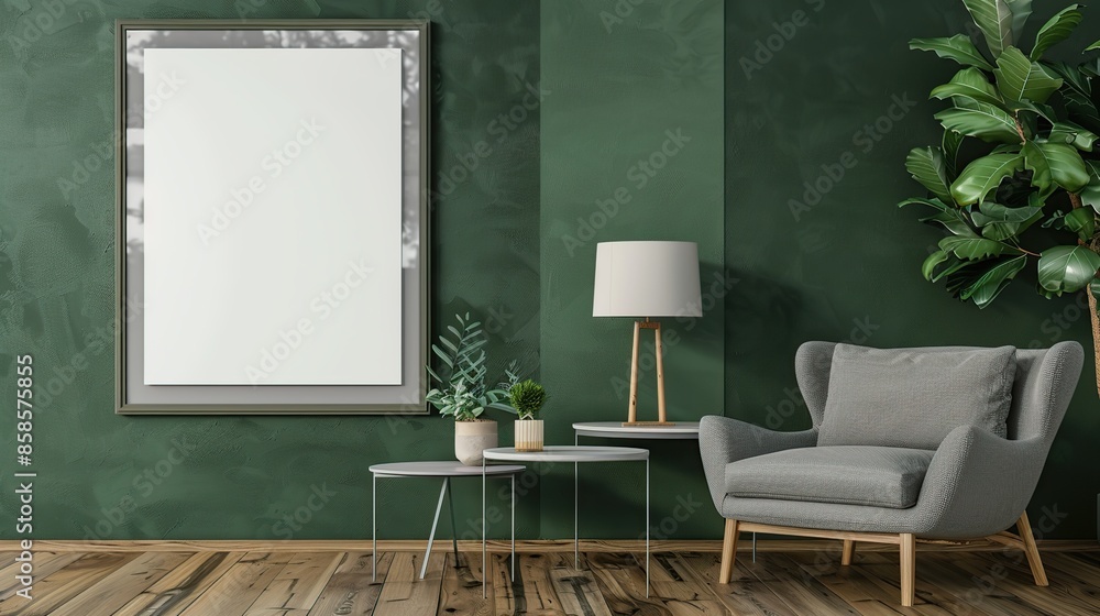 Modern Living Room with Green Walls and a Gray Armchair Modern Living Room with Green Walls and a Gray Armchair