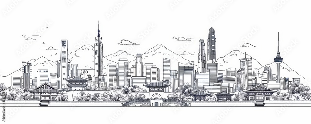 Seoul skyline line art vector illustration featuring famous buildings Seoul skyline line art vector illustration featuring famous buildings