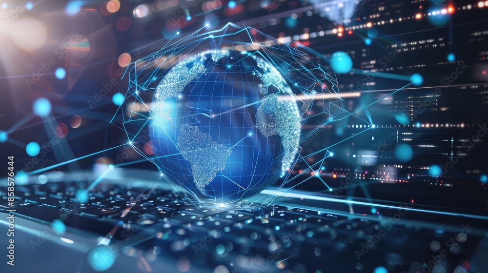 Futuristic interface with a globe and network lines on a laptop screen, highlighting the concept of global internet connectivity Futuristic interface with a globe and network lines on a laptop screen, highlighting the concept of global internet connectivity