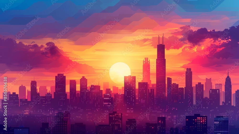 Vector art of a city skyline at sunset with skyscrapers, Vector art of a city skyline at sunset with skyscrapers,