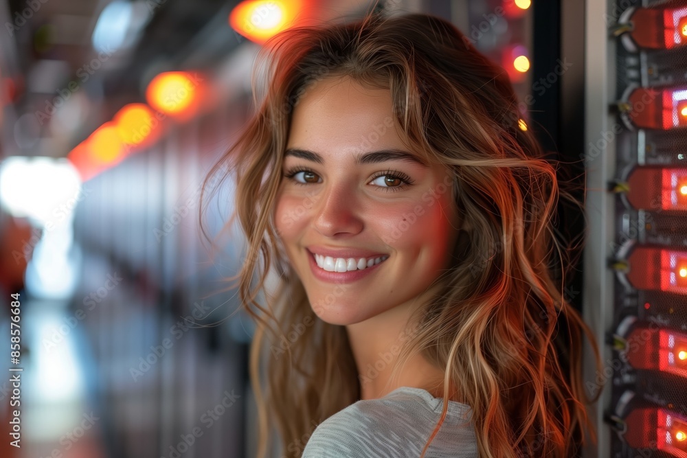 Obraz premium Young Woman Smiles in Front of Red Lights