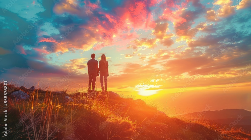Romantic couple watching the sunset from a hilltop, with the sky filled with brilliant colors Romantic couple watching the sunset from a hilltop, with the sky filled with brilliant colors