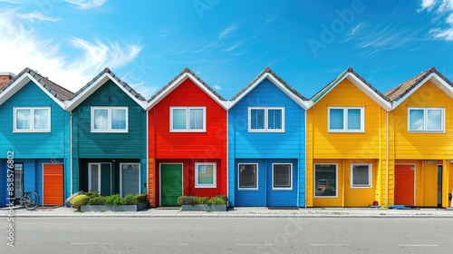 Row of identical houses with one painted in vibrant colors, representing individuality and uniqueness © buraratn