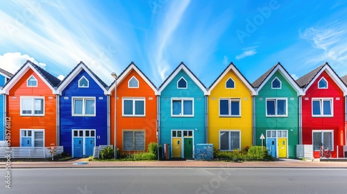 Row of identical houses with one painted in vibrant colors, representing individuality and uniqueness © buraratn