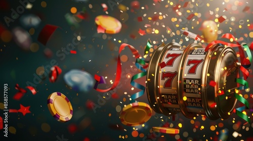 Side view of a slot machine soaring over three golden coins, with confetti and streamers celebrating a big win