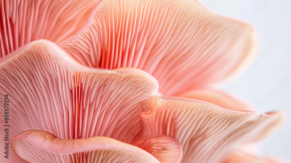 Close-up of pink oyster mushrooms, natural texture and detail, macro photography Close-up of pink oyster mushrooms, natural texture and detail, macro photography