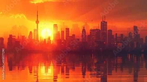 Vector illustration of a city skyline at sunset with warm hues