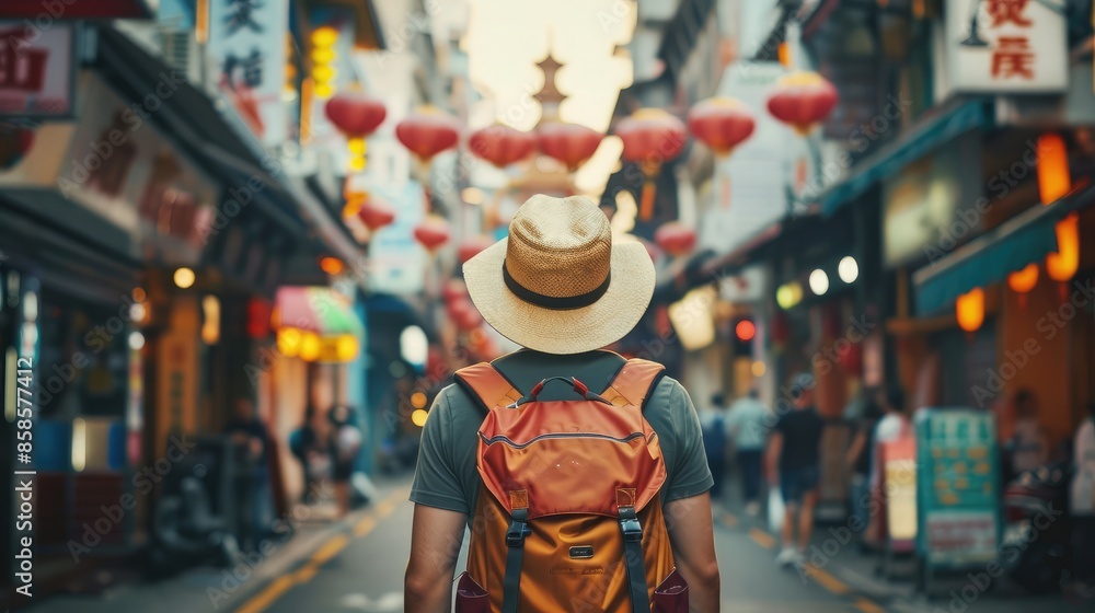 Fototapeta premium Solo traveler with a backpack exploring a foreign city, capturing the essence of independent travel