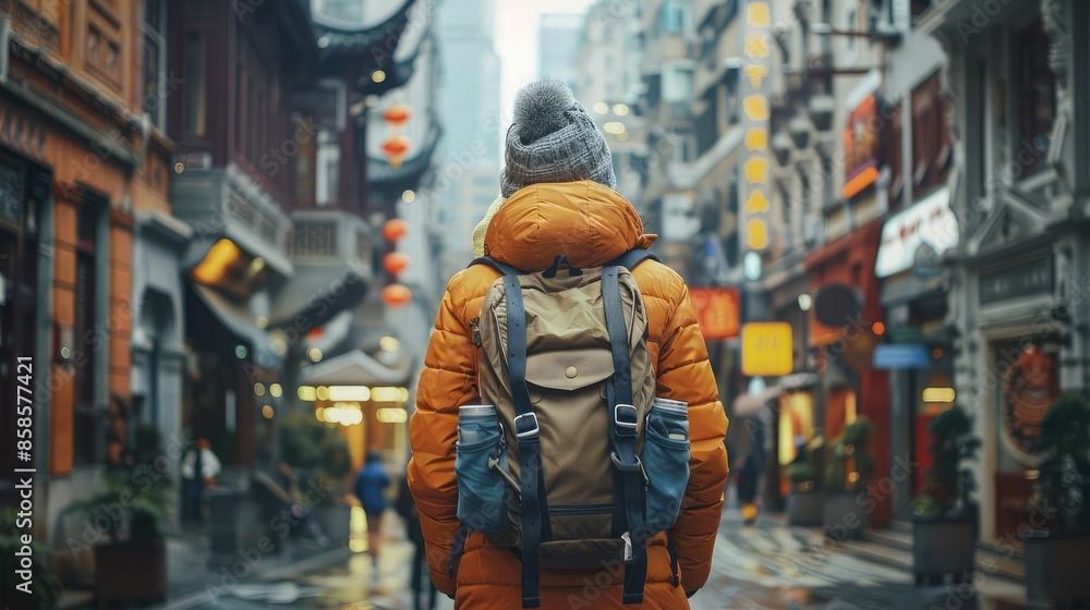 Solo traveler with a backpack exploring a foreign city, capturing the essence of independent travel Solo traveler with a backpack exploring a foreign city, capturing the essence of independent travel