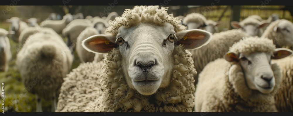 Obraz premium A close-up of a sheep in a flock, farm setting. Agriculture and farming concept