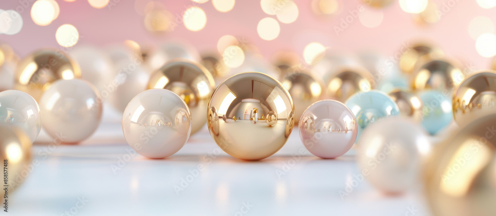 Reflective golden and white spheres creating an abstract background with a pink bokeh Reflective golden and white spheres creating an abstract background with a pink bokeh