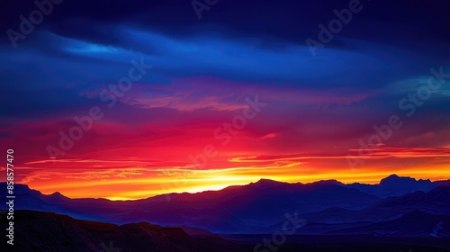 Sunset behind a mountain range, with the sky transitioning from deep blue to fiery red and orange © buraratn