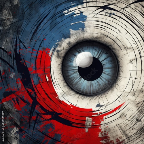 Abstract illustration of an electronic eye, in red, white and blue photo