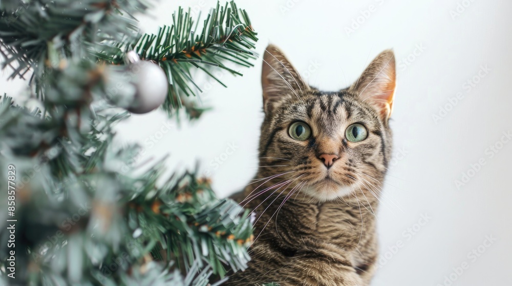 Fototapeta premium Cat with green eyes in front of a Christmas tree on a white background