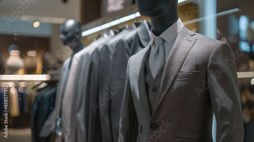 Wide-angle shot of a mannequin dressed in a long-sleeved men's shirt and gray suit, with another gray suit hanging nearby and copy space on the left