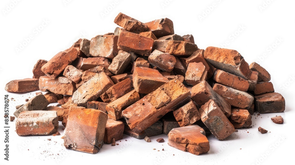 Wide-angle shot of an uneven, randomly piled heap of bricks isolated on a white background Wide-angle shot of an uneven, randomly piled heap of bricks isolated on a white background