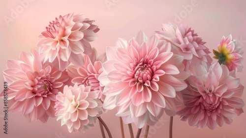 Pink dahlia flowers in bloom against a soft pastel background. Floral beauty and gentle elegance concept