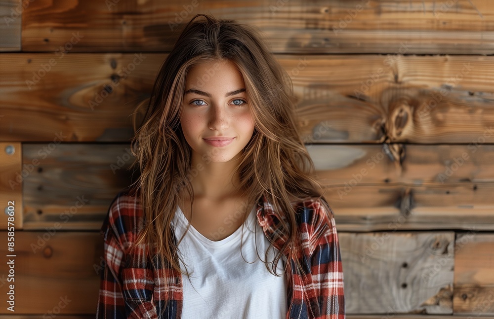 A beautiful girl in a flannel shirt, jeans, and white t-shirt smiles in front of a wooden wall A beautiful girl in a flannel shirt, jeans, and white t-shirt smiles in front of a wooden wall