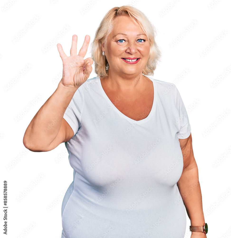 Middle age blonde woman wearing casual white t shirt showing and pointing up with fingers number three while smiling confident and happy. Middle age blonde woman wearing casual white t shirt showing and pointing up with fingers number three while smiling confident and happy.
