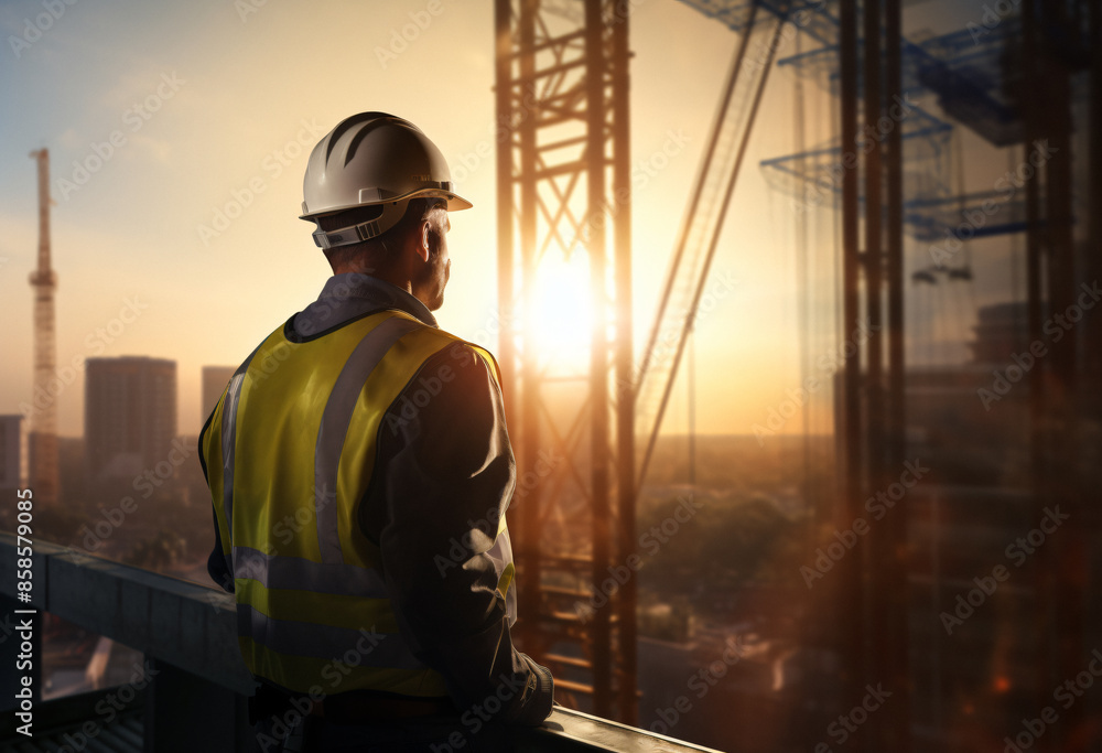builder standing back, Construction Site, Construction enginee, house building construction, working as a architect, Back view, architect supervising construction builder standing back, Construction Site, Construction enginee, house building construction, working as a architect, Back view, architect supervising construction