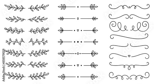 Laurel text dividers doodle set. Wedding decorative elements with leaves. Branches, divider ornament, borders, lines. Hand drawn vector illustration isolated on white background