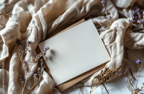 Blank White Envelope on Knit Fabric With Dried Flowers