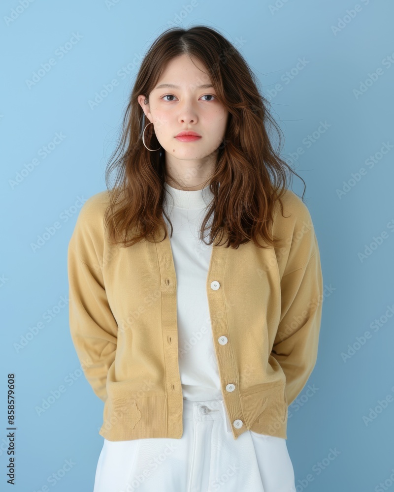Portrait of a Young Woman in Beige Cardigan on Blue Background. Generative AI. Portrait of a Young Woman in Beige Cardigan on Blue Background. Generative AI.
