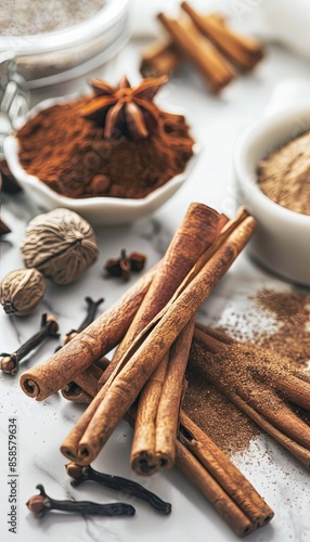 Close-up image of various baking spices, including cinnamon sticks, nutmeg, cloves, and vanilla pods, arranged on a white kitchen countertop. Generative AI