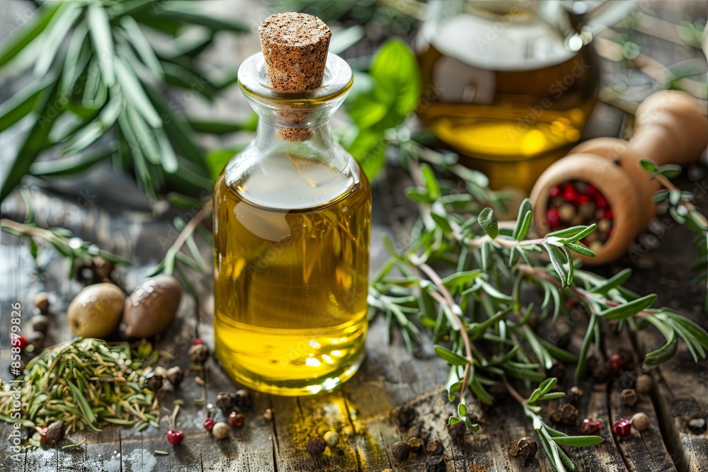 A rustic wooden table displays a collection of Mediterranean herbs and spices, including rosemary, thyme, oregano, and olive oil. Generative AI A rustic wooden table displays a collection of Mediterranean herbs and spices, including rosemary, thyme, oregano, and olive oil. Generative AI