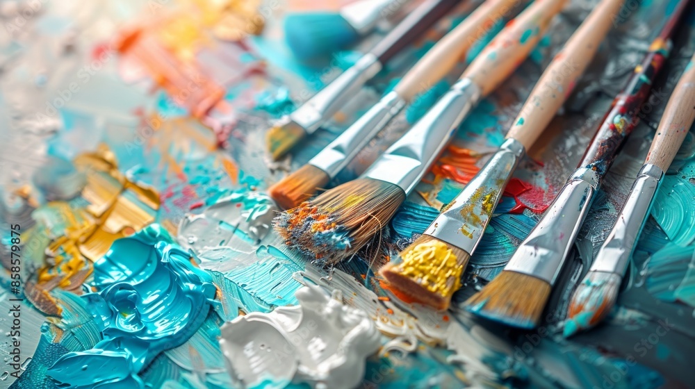 Vibrant Palette: Close-Up of Paint Brushes and Colorful Acrylic Paints on Canvas Vibrant Palette: Close-Up of Paint Brushes and Colorful Acrylic Paints on Canvas