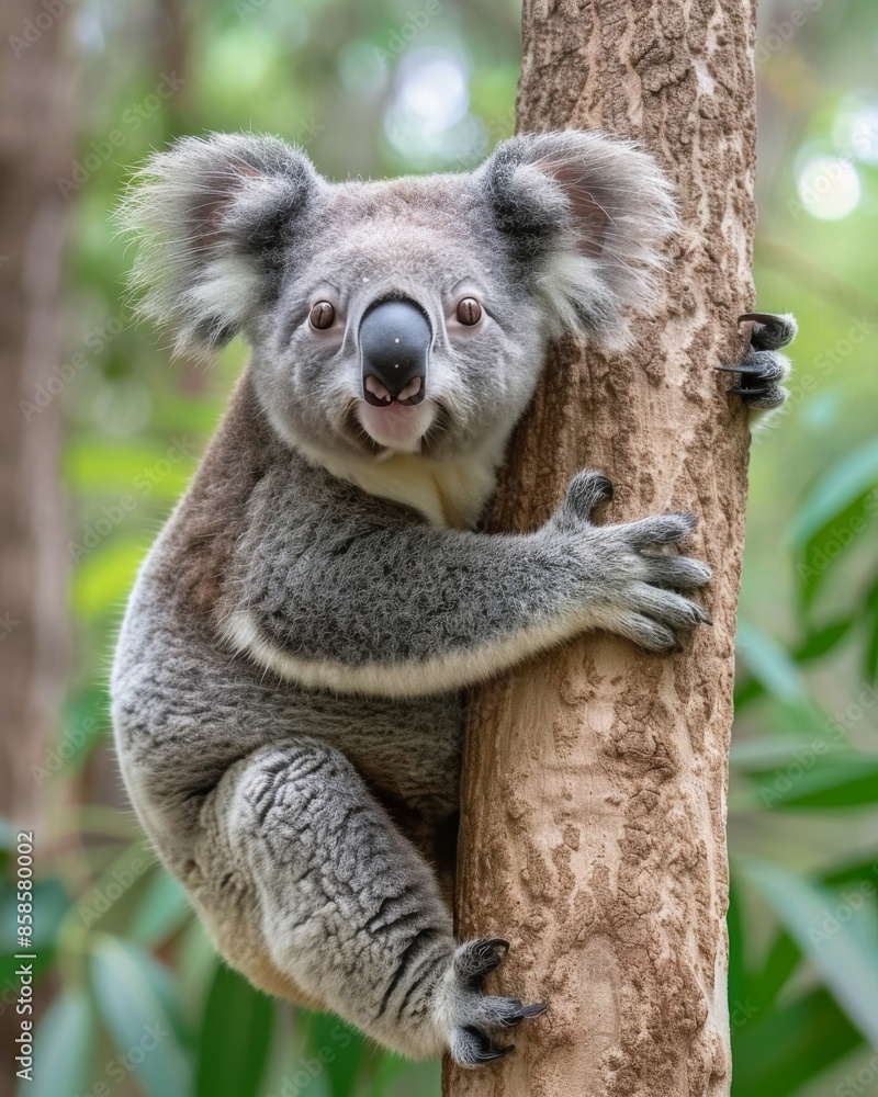 Naklejka premium Koala Clinging To A Tree Trunk In Daylight