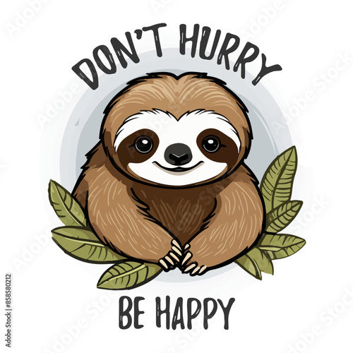 Lazy sloth animal character in cartoon style. Don't hurry be happy slogan. Cute sloth drawing. Print on t-shirts, sweatshirts and souvenirs isolated on a white background. Vector illustration.