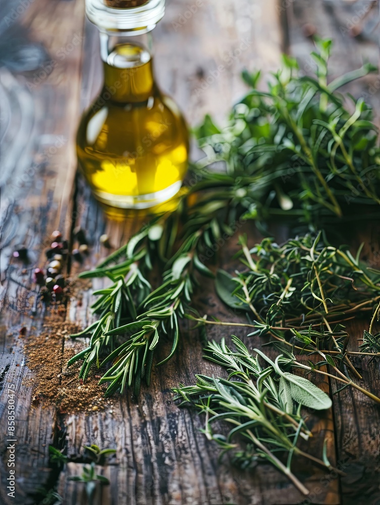 A close-up of a rustic wooden table with fresh rosemary, thyme, oregano, and a bottle of olive oil. Generative AI A close-up of a rustic wooden table with fresh rosemary, thyme, oregano, and a bottle of olive oil. Generative AI