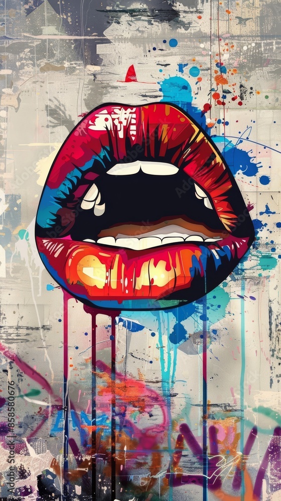 Obraz premium Colorful graffiti-style lips on abstract background
