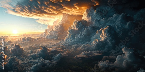 Fotografie The greatest enormous tall group of cloudscape possible that raging beyond the land on earth and form some sort of cloud storm so called the cumulonimbus and floating at the upper atmosphere