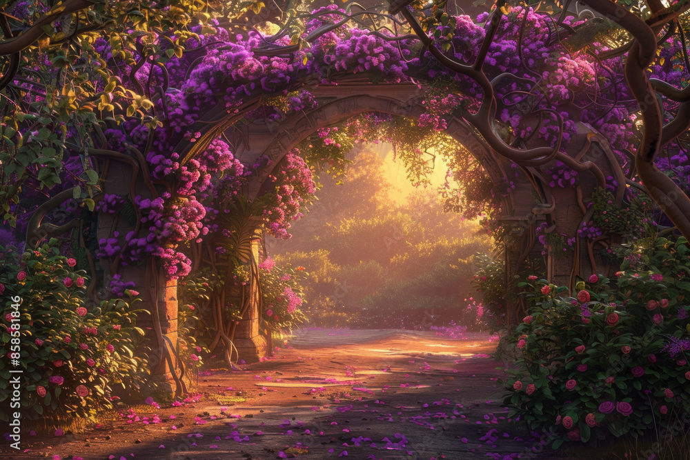 Obraz premium An enchanting fantasy garden filled with blooming purple peonies, lush greenery
