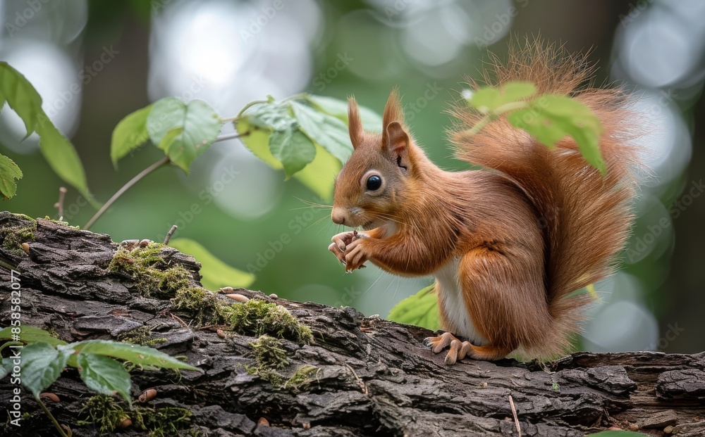 Red Squirrel Standing on a Tree Branch in a Forest Red Squirrel Standing on a Tree Branch in a Forest