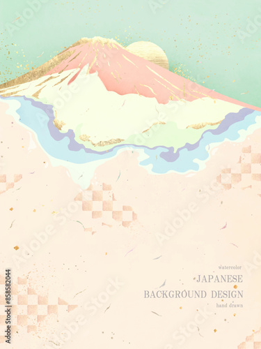 年賀状, 富士山, 和柄, 背景, ベクター, フレーム, 水彩, 手描き, お正月, 正月, カラフル, 謹賀新年, 山, 市松, 模様, 波, 金色, 金箔, 日の出, 初日の出, 風景, イラスト