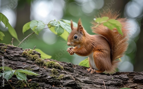 Red Squirrel Standing on a Tree Branch in a Forest